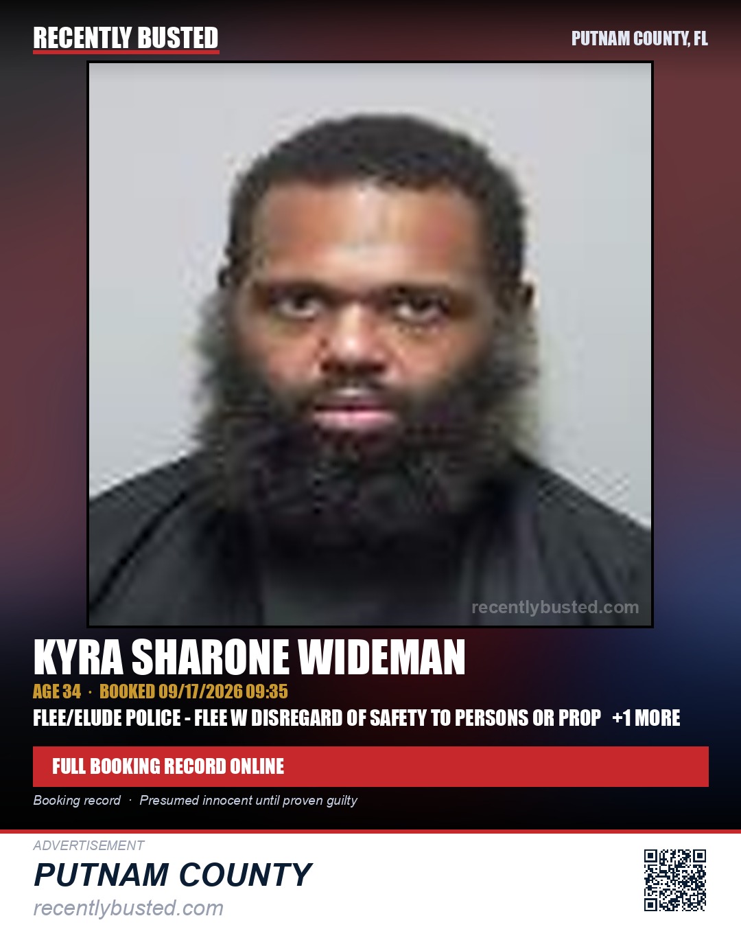 Kyra Sharone Wideman — arrest record card, Putnam County, Florida