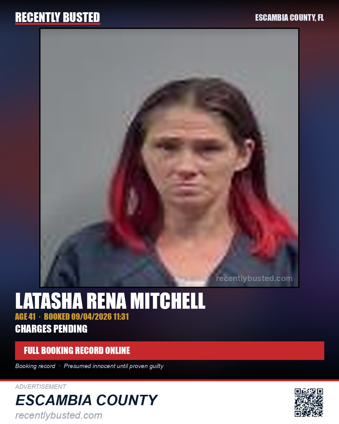 Latasha Rena Mitchell — arrest record card, Escambia County, Florida