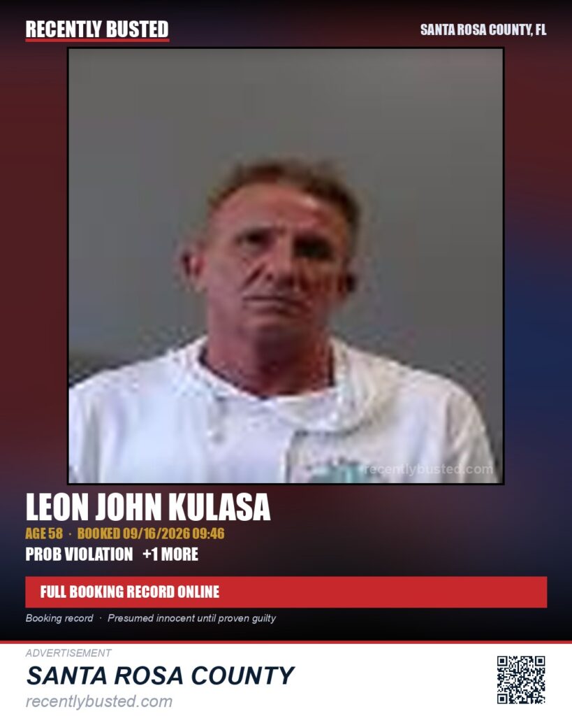 Leon John Kulasa — arrest record card, Santa Rosa County, Florida