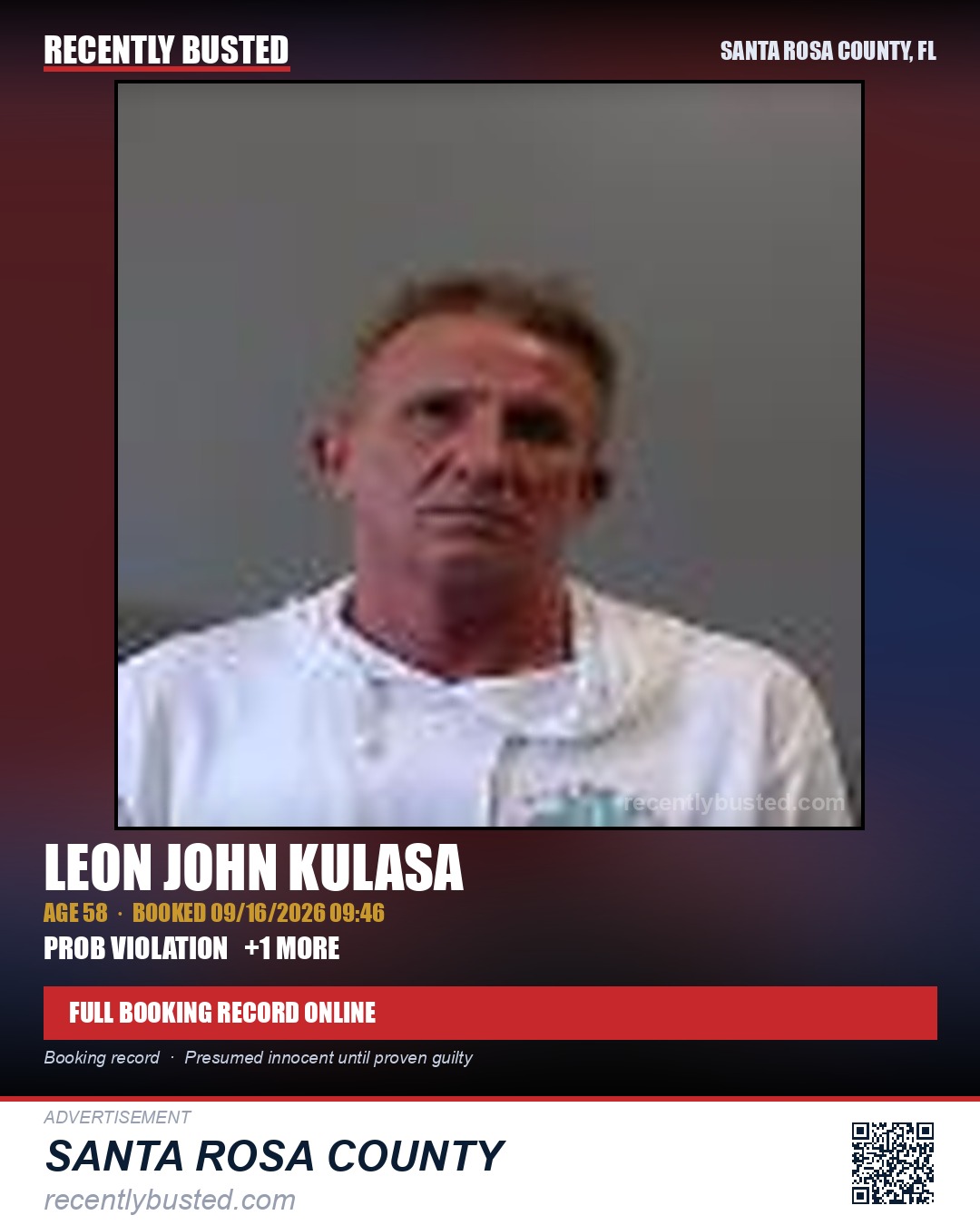 Leon John Kulasa — arrest record card, Santa Rosa County, Florida