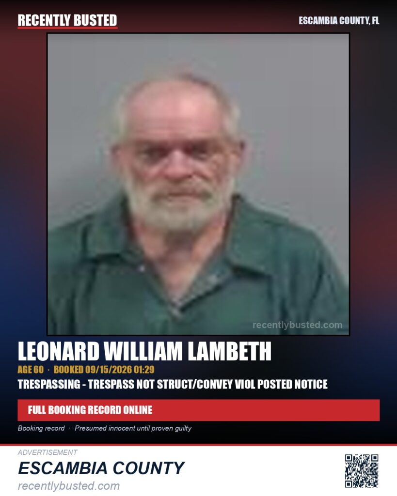 Leonard William Lambeth — arrest record card, Escambia County, Florida