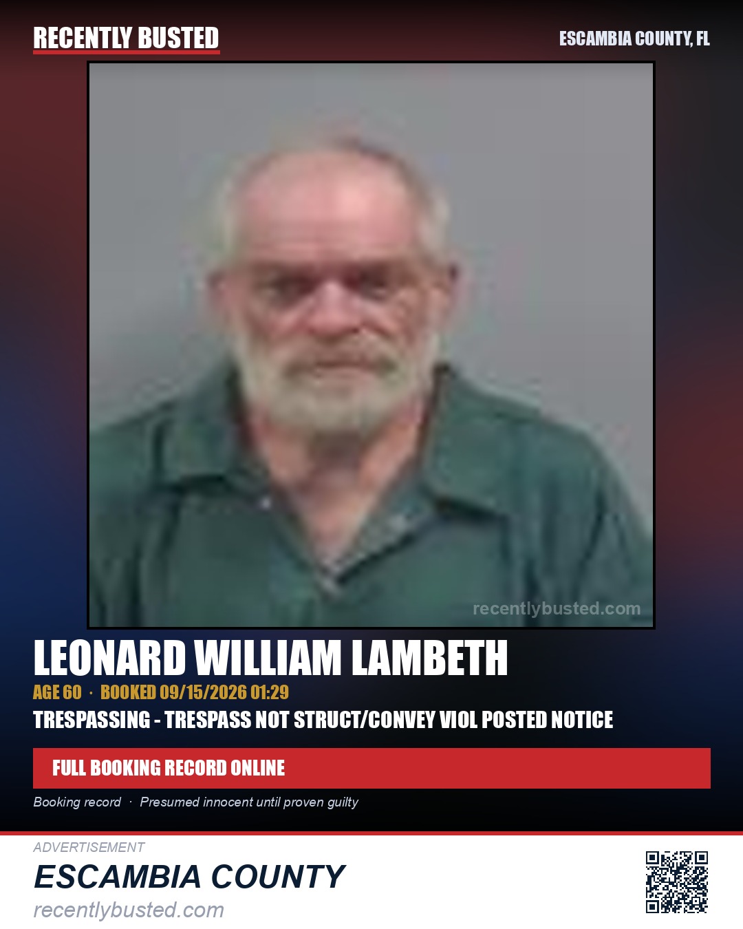 Leonard William Lambeth — arrest record card, Escambia County, Florida
