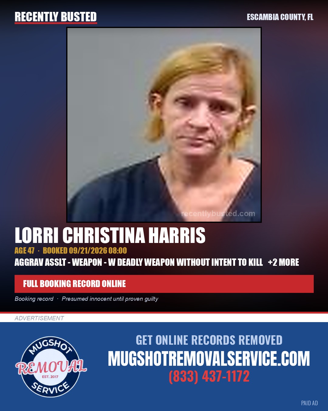 Lorri Christina Harris — arrest record card, Escambia County, Florida