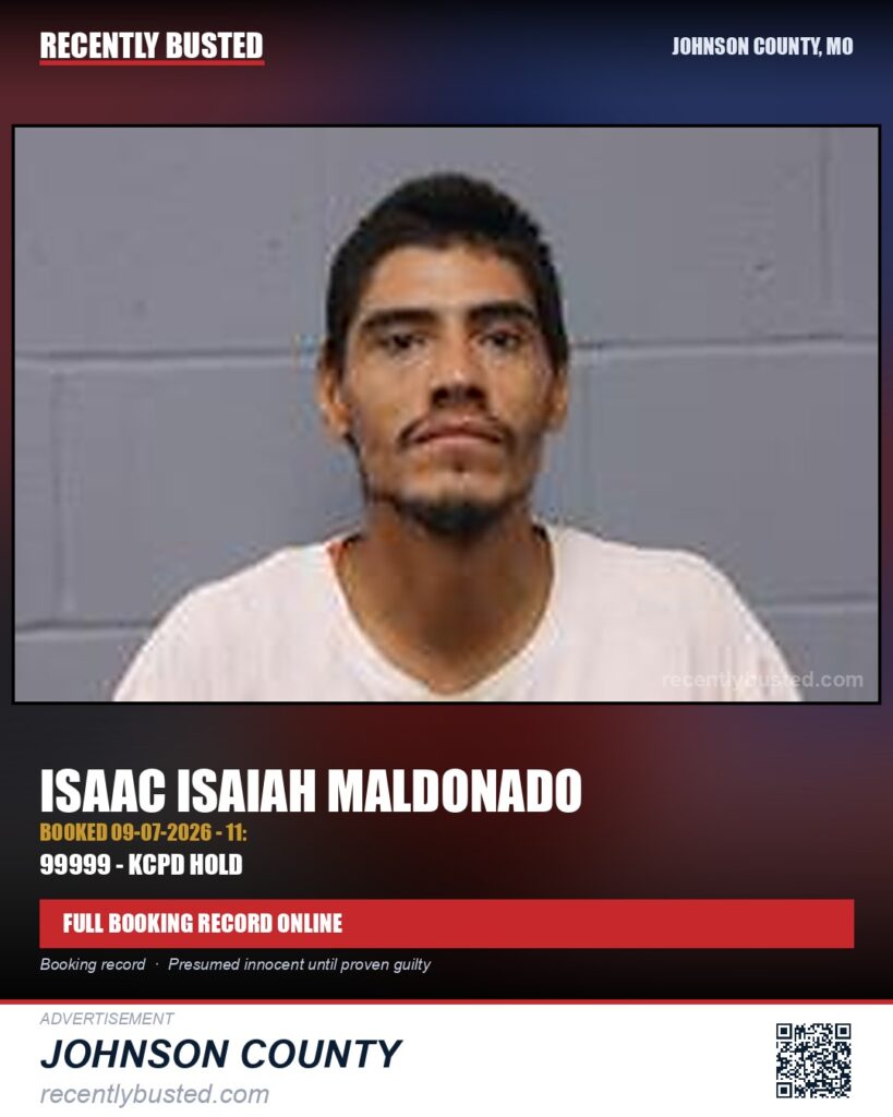 MALDONADO, ISAAC ISAIAH — arrest record card, Johnson County, Missouri