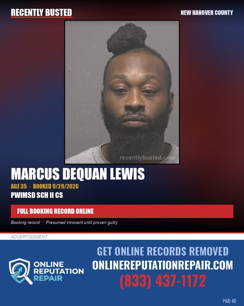 MARCUS DEQUAN LEWIS — arrest record card, New Hanover