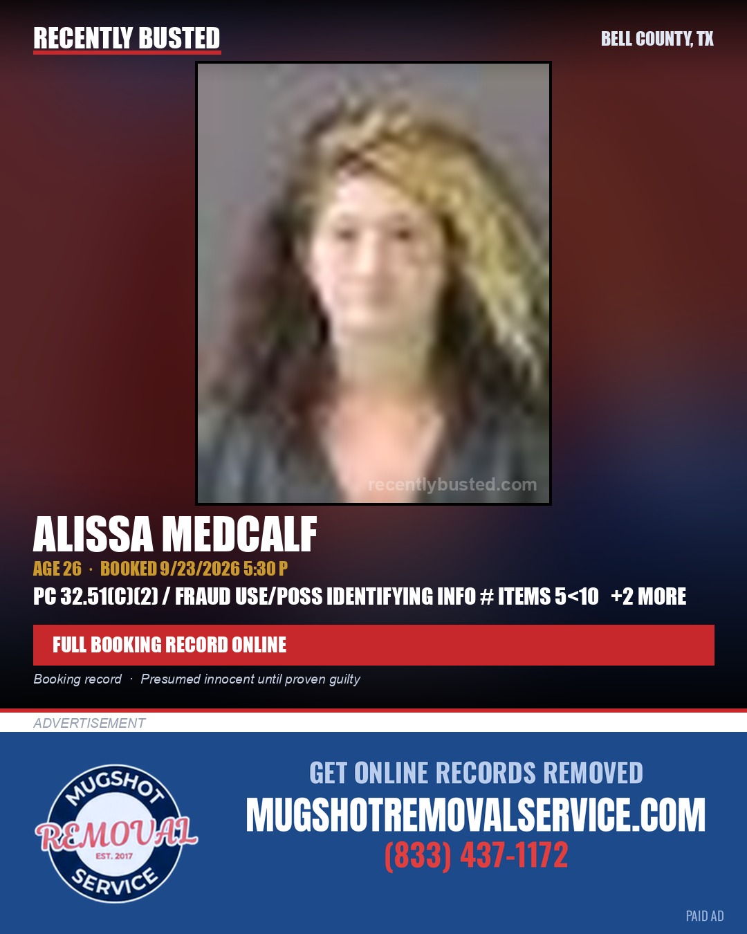 MEDCALF, ALISSA — arrest record card, Bell County, Texas