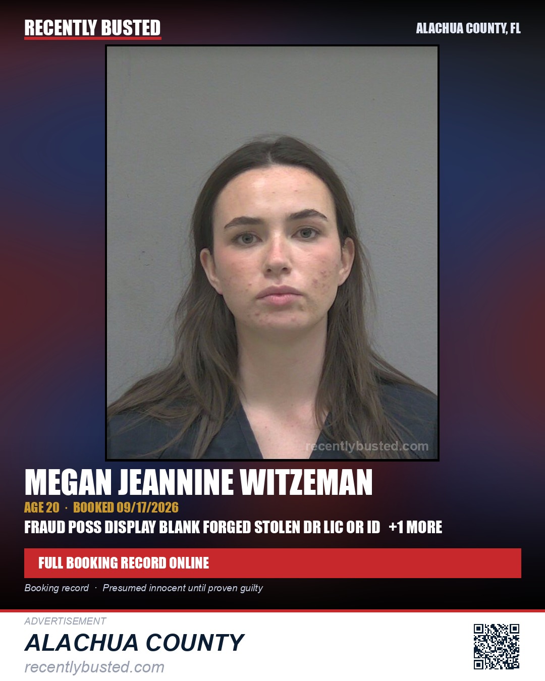 Megan Jeannine Witzeman — arrest record card, Alachua County, Florida