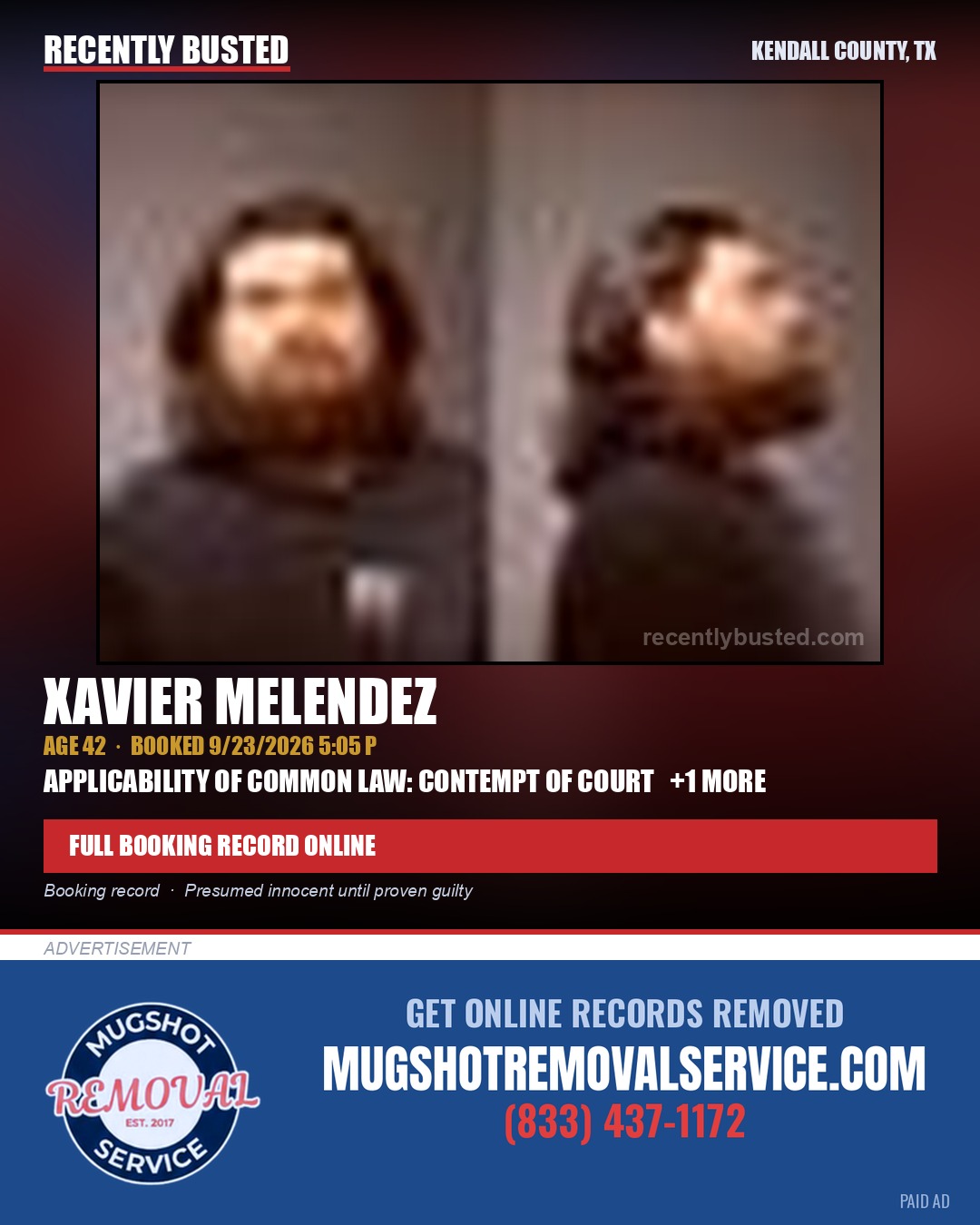 MELENDEZ, XAVIER — arrest record card, Kendall County, Illinois