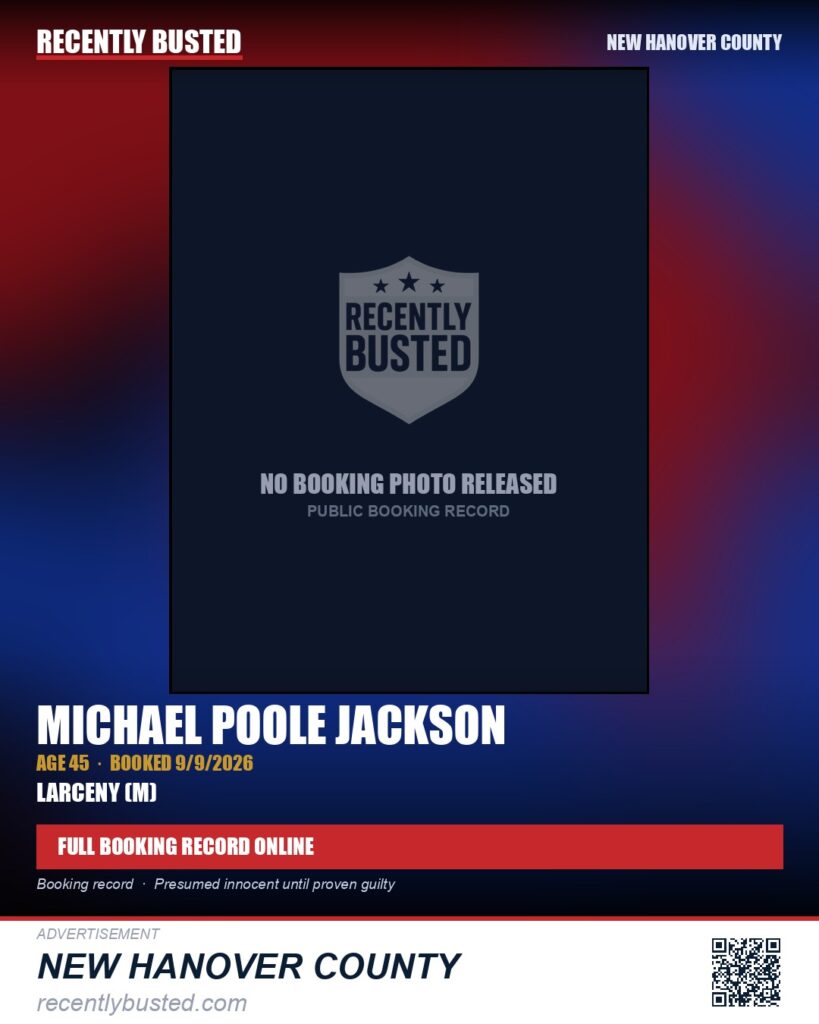 MICHAEL POOLE JACKSON — arrest record card, New Hanover