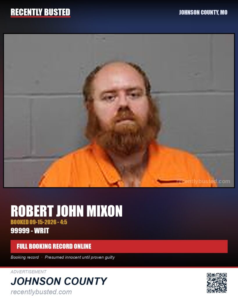 MIXON, ROBERT JOHN — arrest record card, Johnson County, Missouri