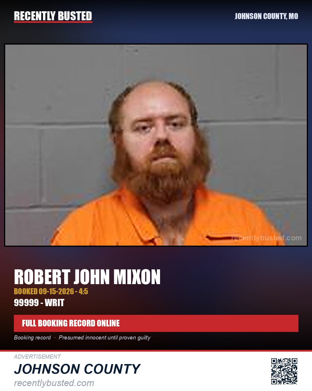 MIXON, ROBERT JOHN — arrest record card, Johnson County, Missouri