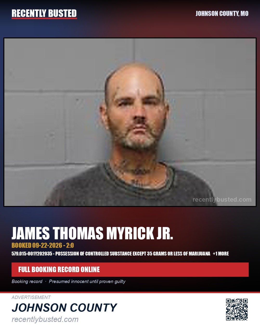 MYRICK JR., JAMES THOMAS — arrest record card, Johnson County, Missouri
