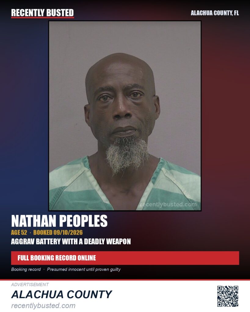 Nathan Peoples — arrest record card, Alachua County, Florida