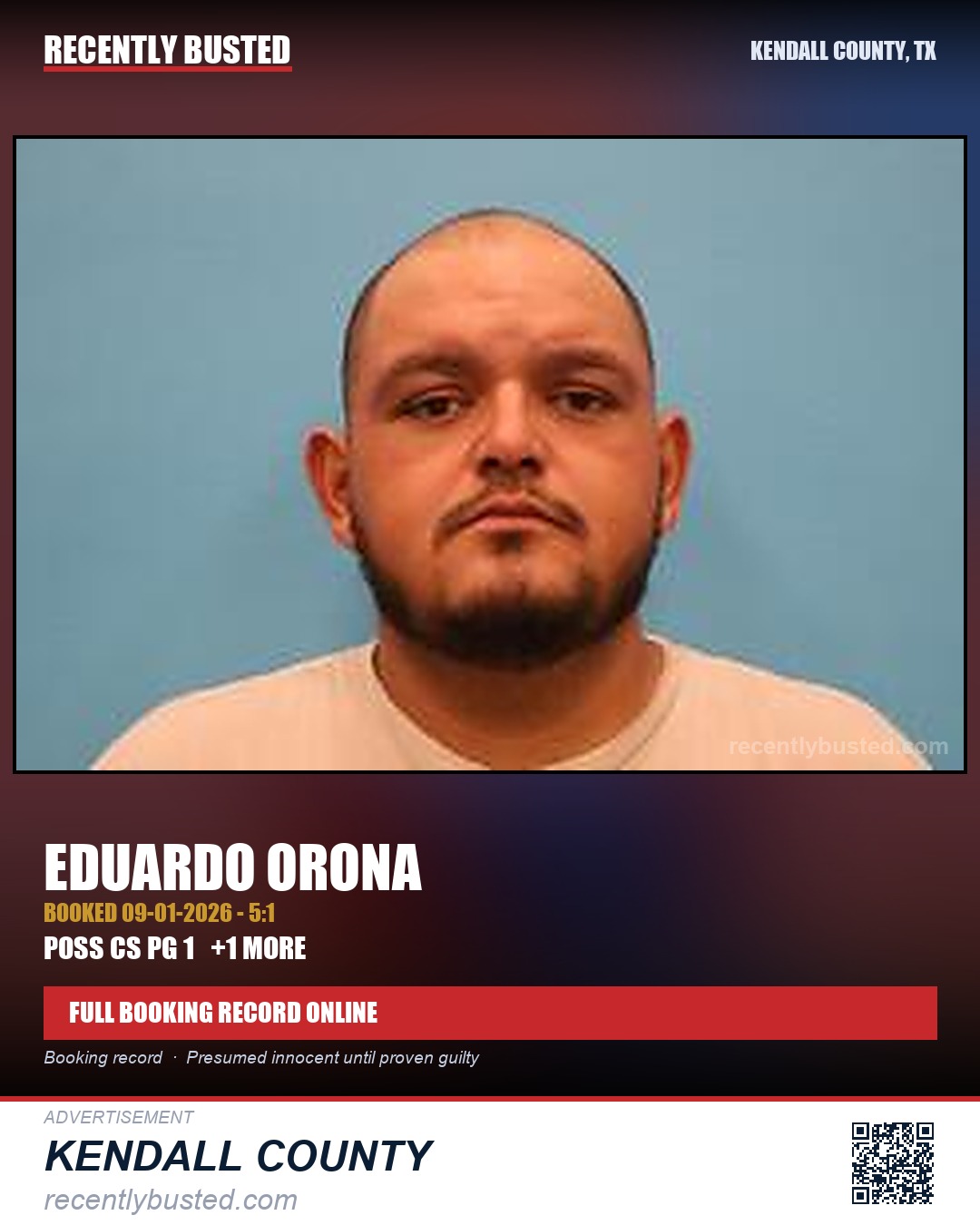 Orona, Eduardo — arrest record card, Kendall County, Texas