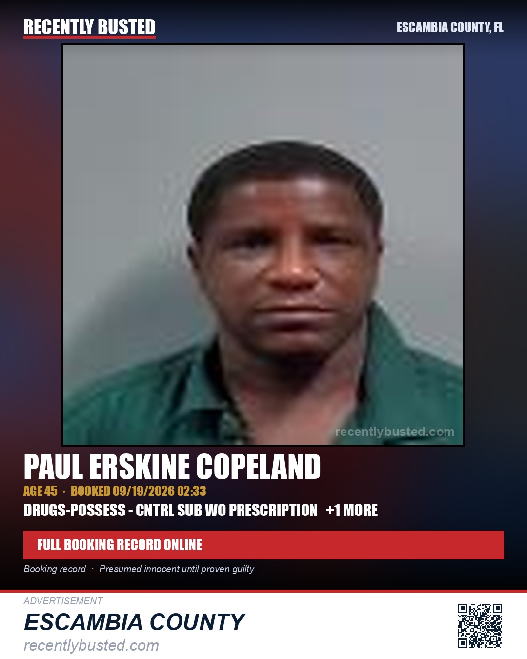 Paul Erskine Copeland — arrest record card, Escambia County, Florida