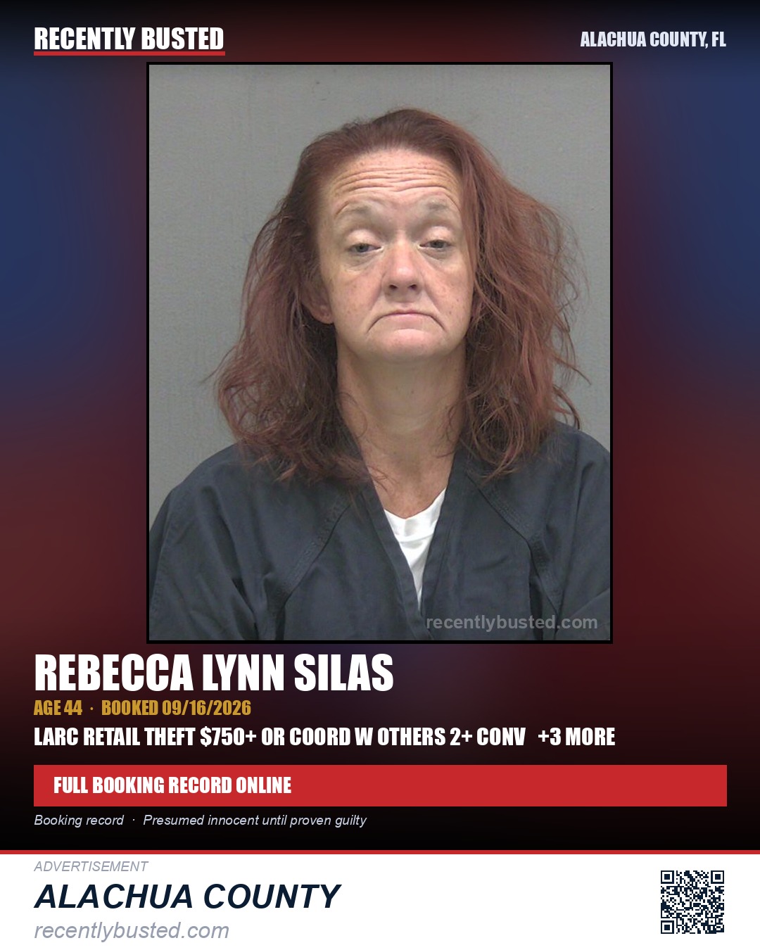 Rebecca Lynn Silas — arrest record card, Alachua County, Florida