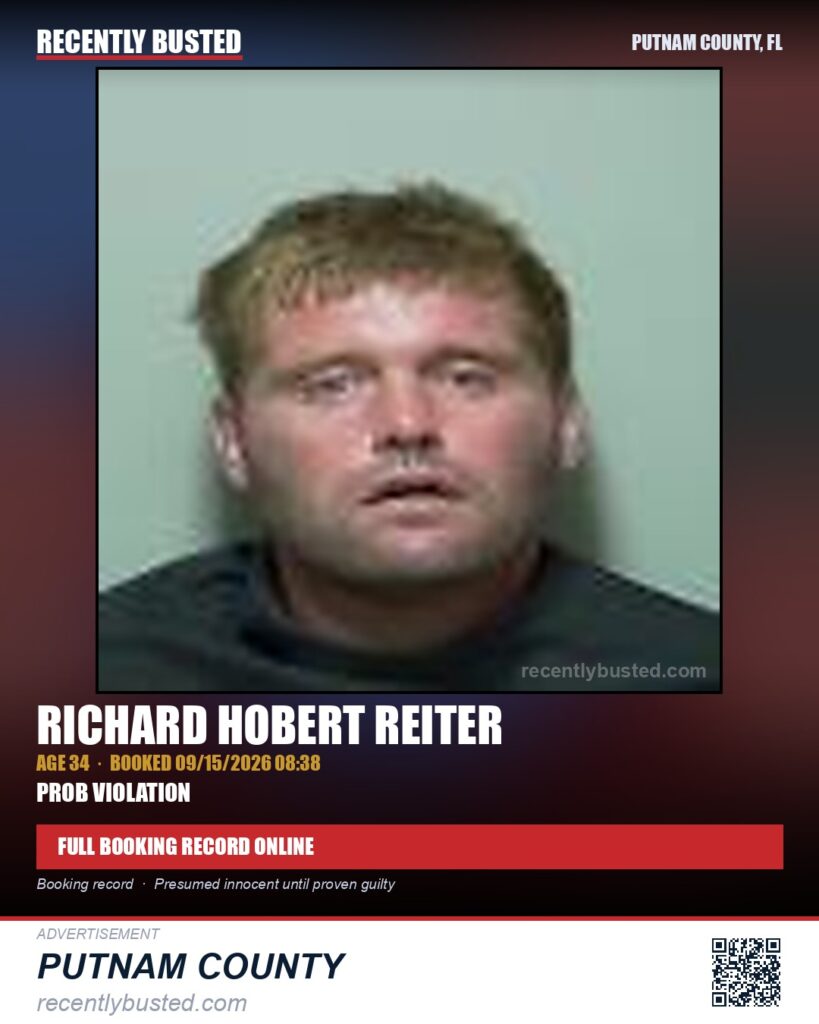 Richard Hobert Reiter — arrest record card, Putnam County, Florida