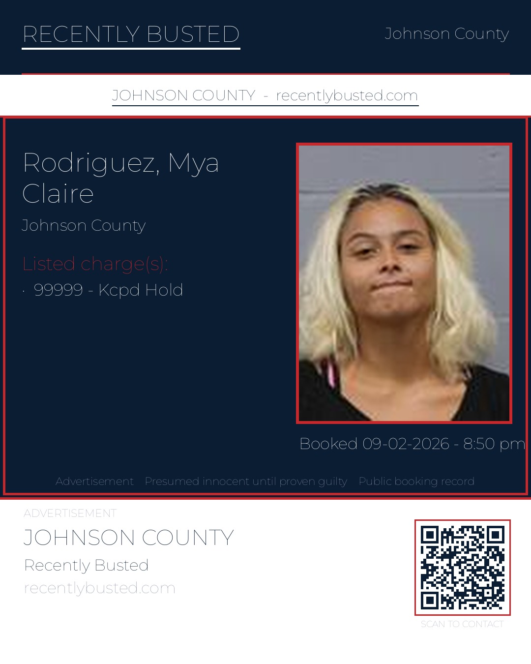 RODRIGUEZ, MYA CLAIRE — arrest record card, Johnson County, Missouri
