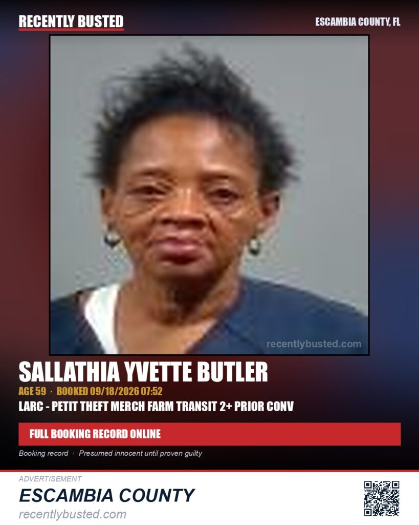 Sallathia Yvette Butler — arrest record card, Escambia County, Florida