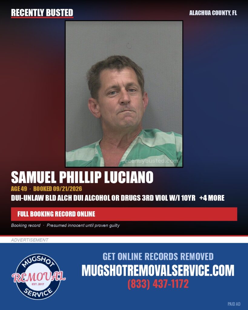Samuel Phillip Luciano — arrest record card, Alachua County, Florida