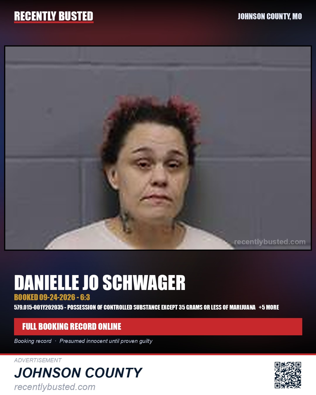 SCHWAGER, DANIELLE JO — arrest record card, Johnson County, Missouri