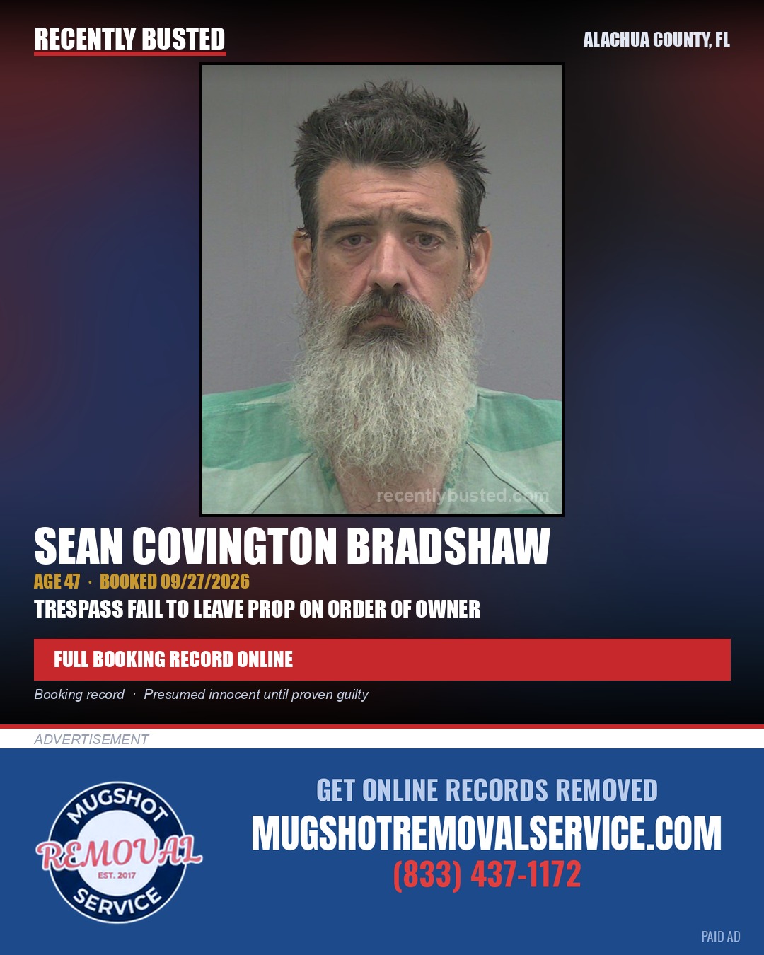 Sean Covington Bradshaw — arrest record card, Alachua County, Florida