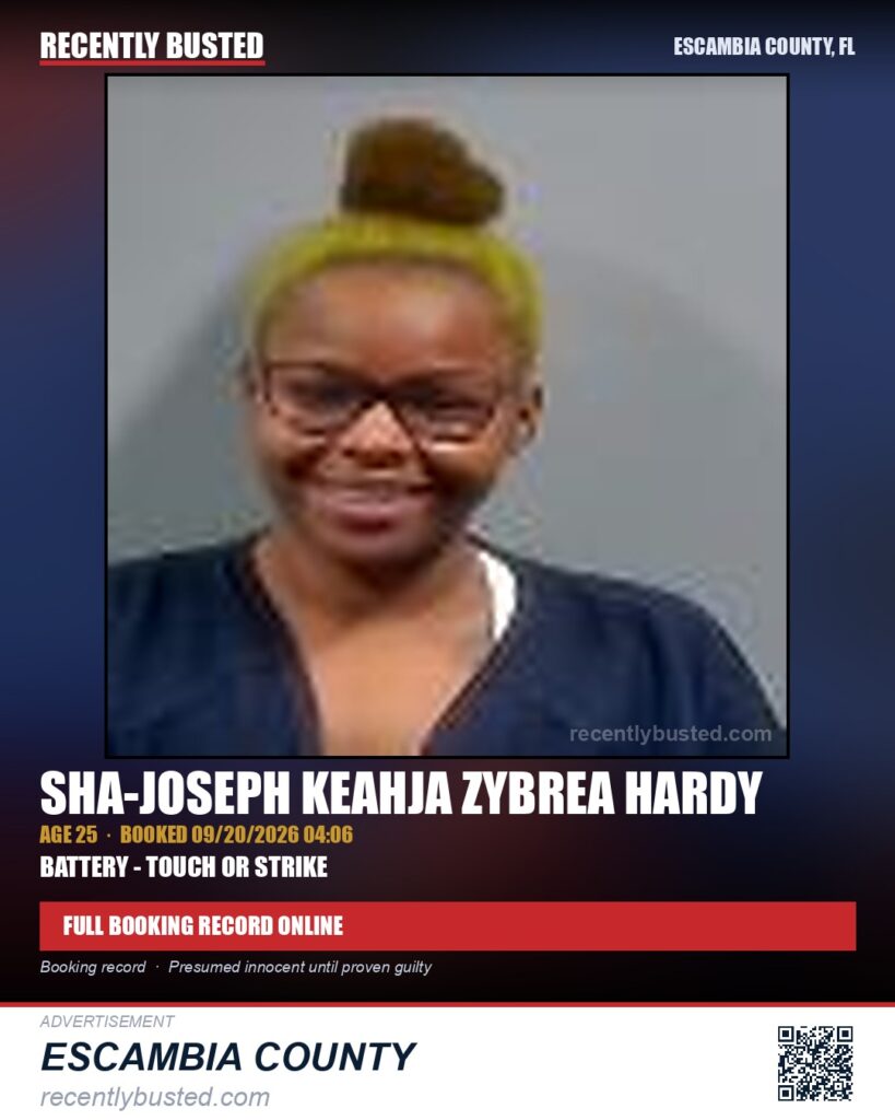Sha-Joseph Keahja Zybrea Hardy — arrest record card, Escambia County, Florida