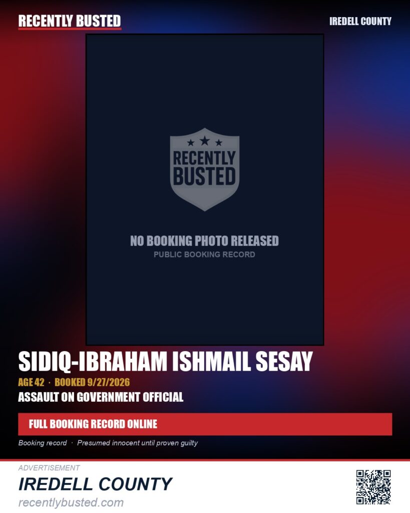 SIDIQ-IBRAHAM ISHMAIL SESAY — arrest record card, Iredell County