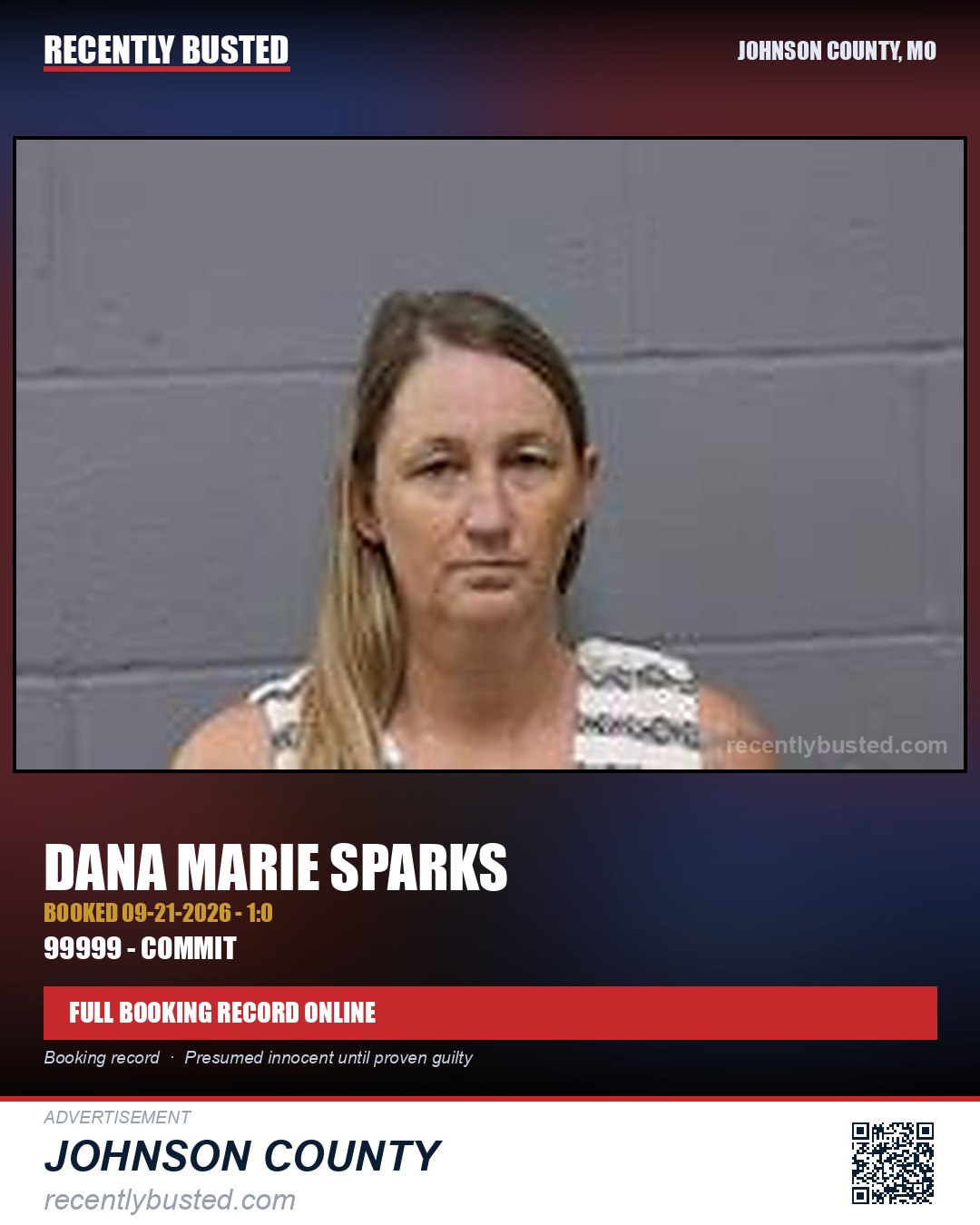 SPARKS, DANA MARIE — arrest record card, Johnson County, Missouri