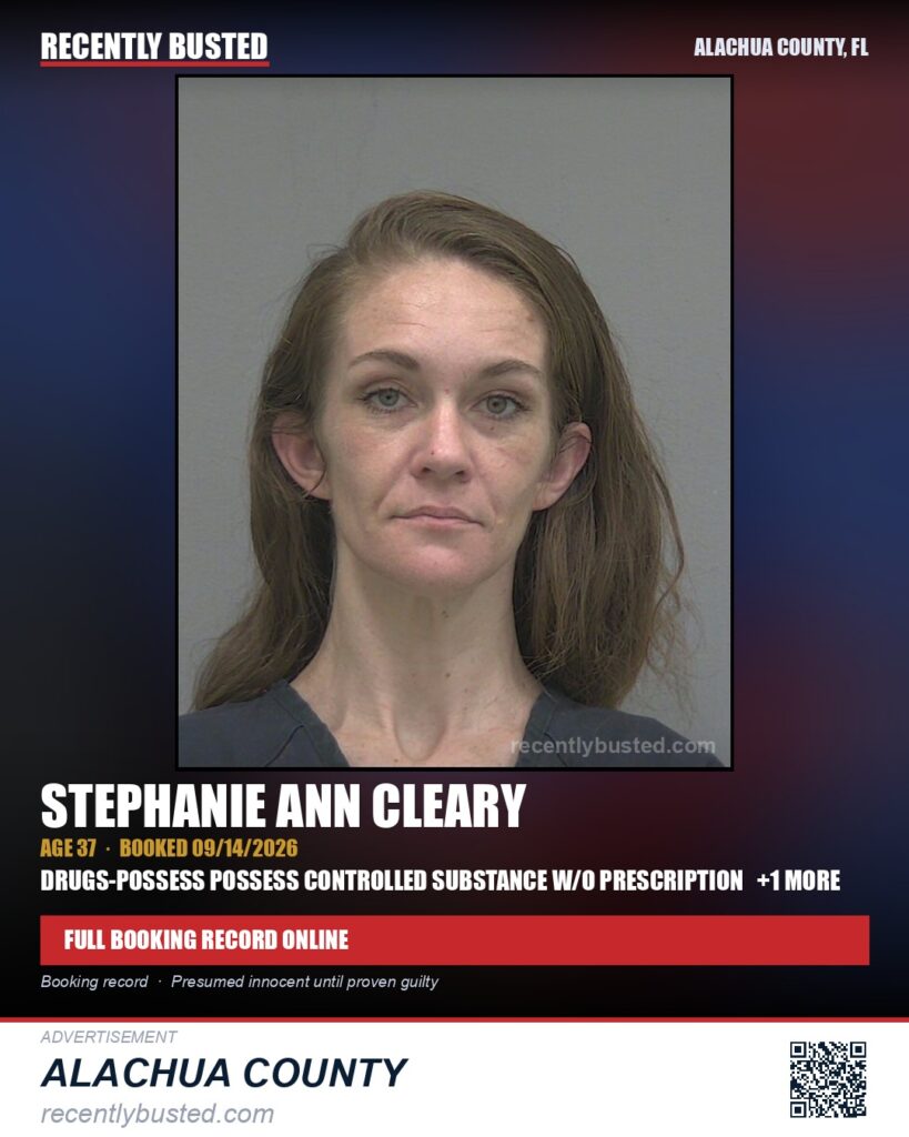 Stephanie Ann Cleary — arrest record card, Alachua County, Florida