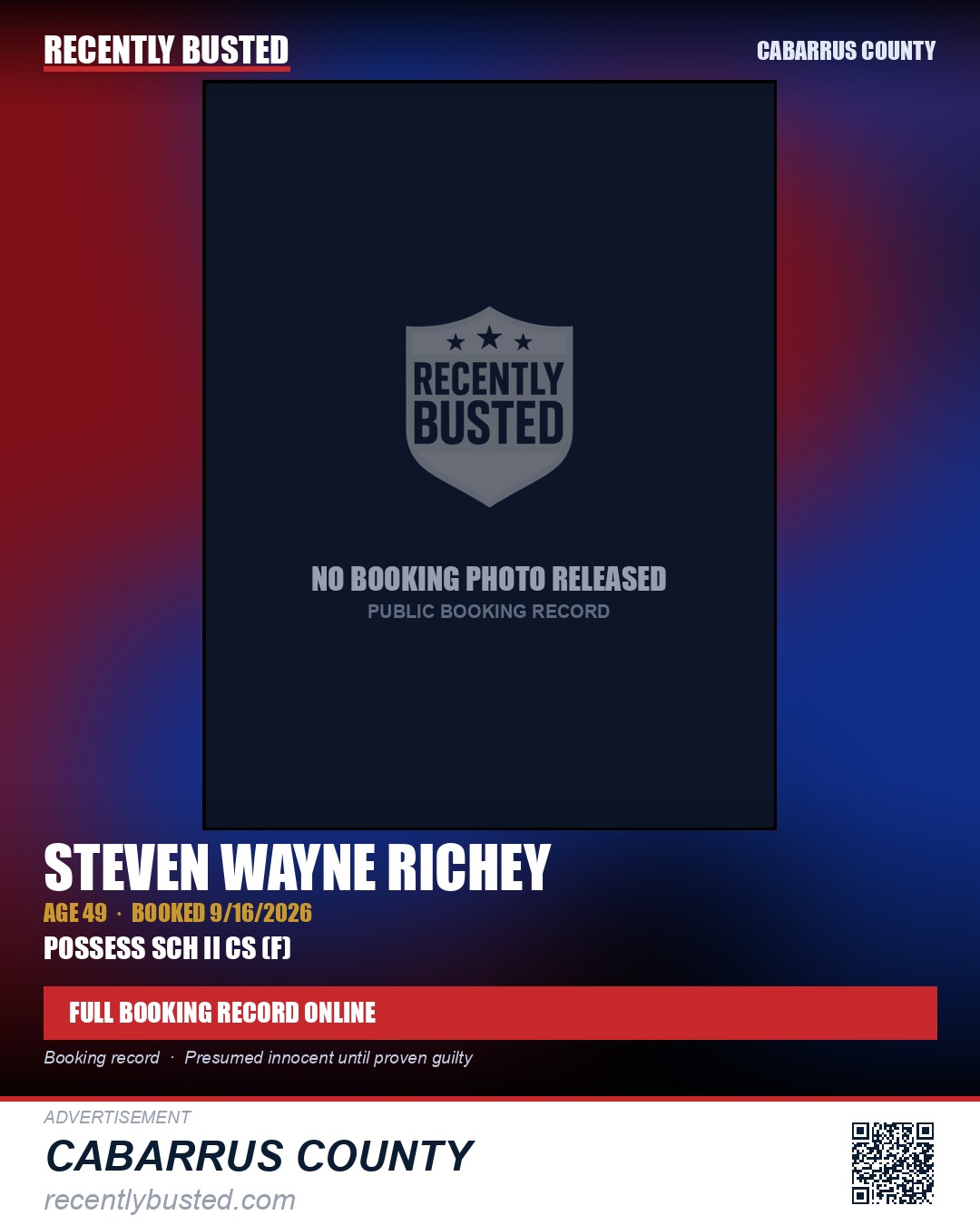 STEVEN WAYNE RICHEY — arrest record card, Cabarrus County