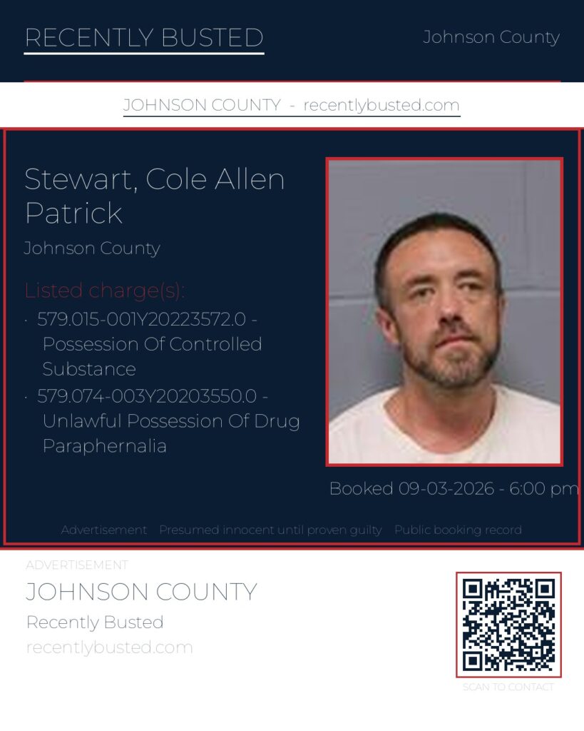 STEWART, COLE ALLEN PATRICK — arrest record card, Johnson County, Missouri