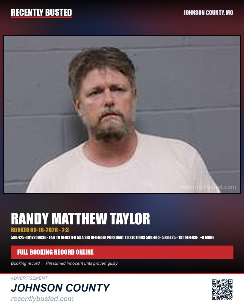 TAYLOR, RANDY MATTHEW — arrest record card, Johnson County, Missouri