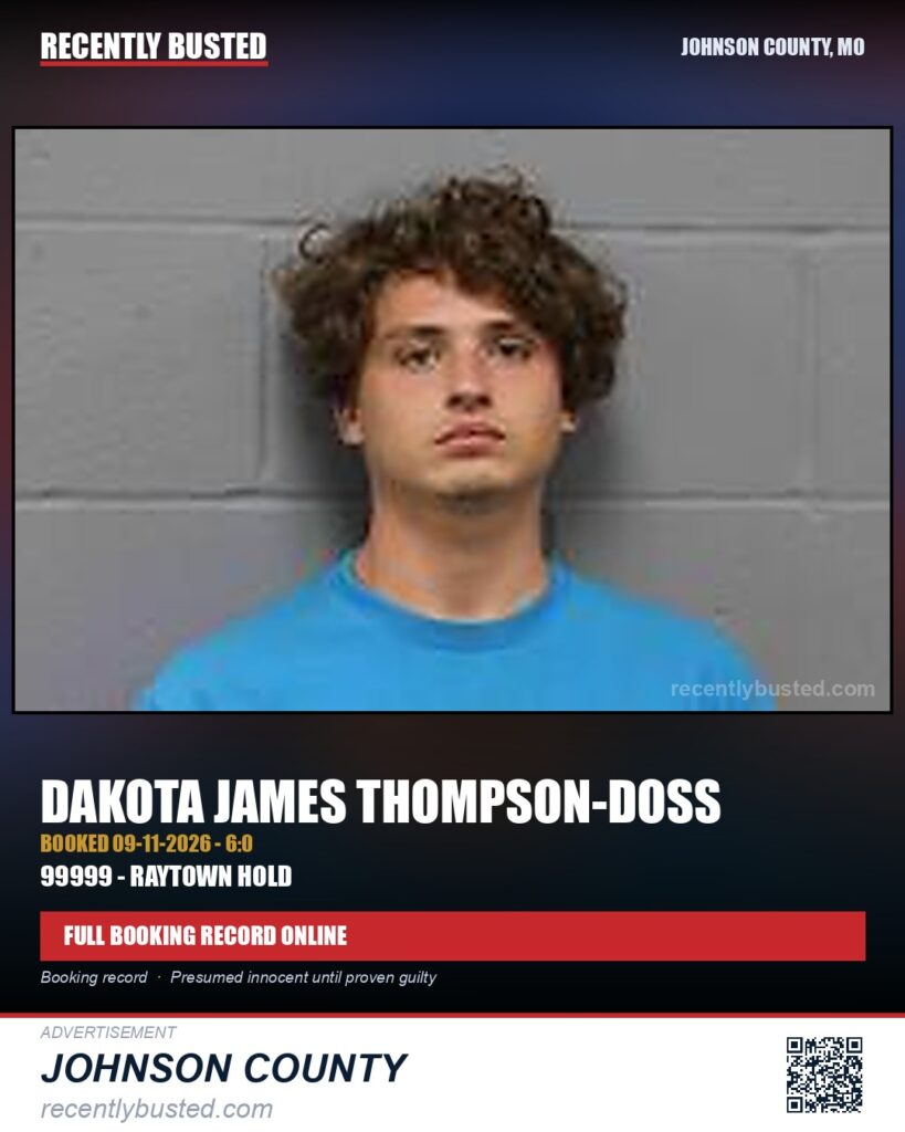 THOMPSON-DOSS, DAKOTA JAMES — arrest record card, Johnson County, Missouri
