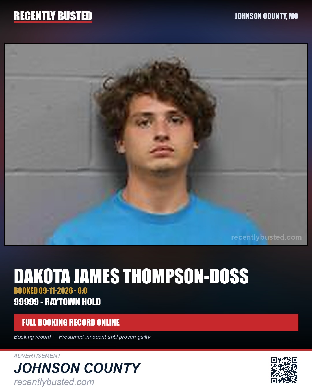 THOMPSON-DOSS, DAKOTA JAMES — arrest record card, Johnson County, Missouri