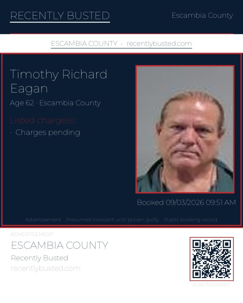 Timothy Richard Eagan — arrest record card, Escambia County, Florida