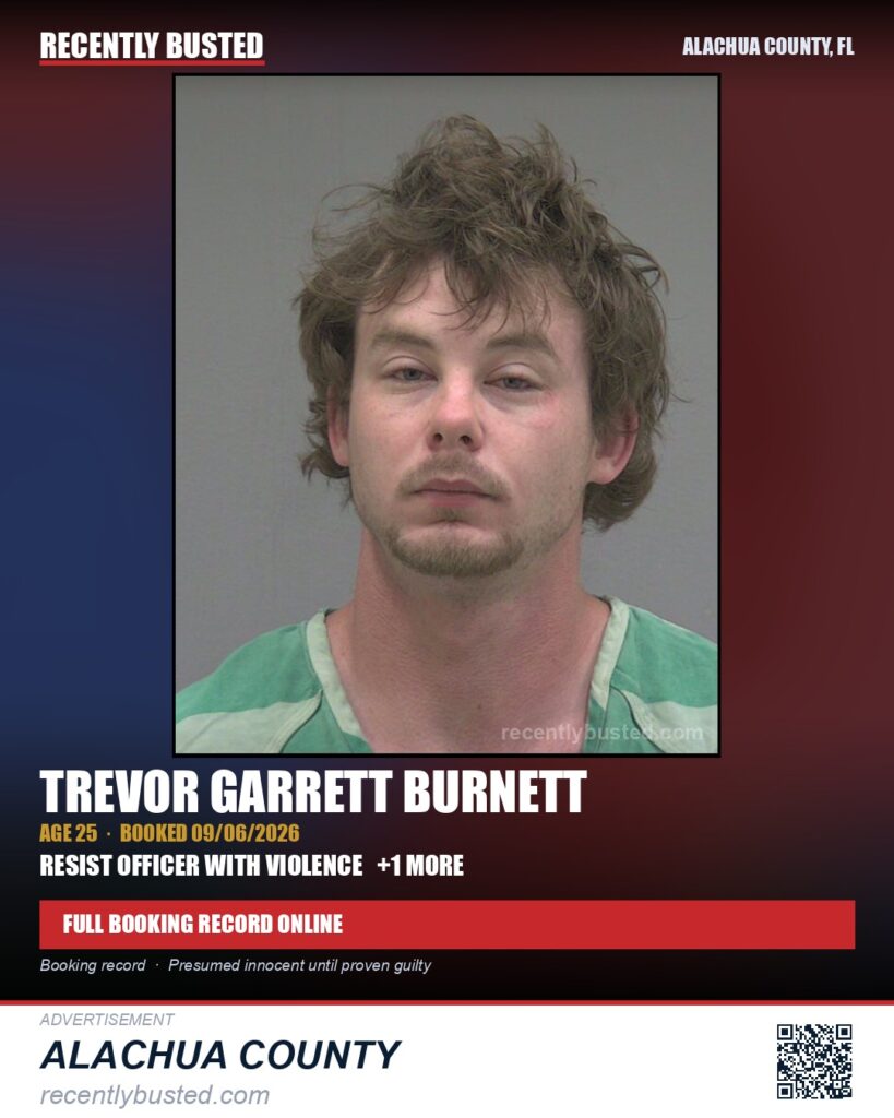 Trevor Garrett Burnett — arrest record card, Alachua County, Florida