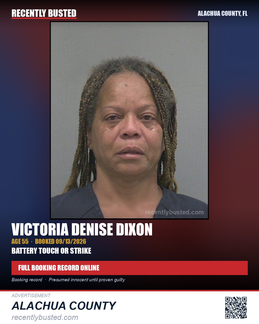 Victoria Denise Dixon — arrest record card, Alachua County, Florida