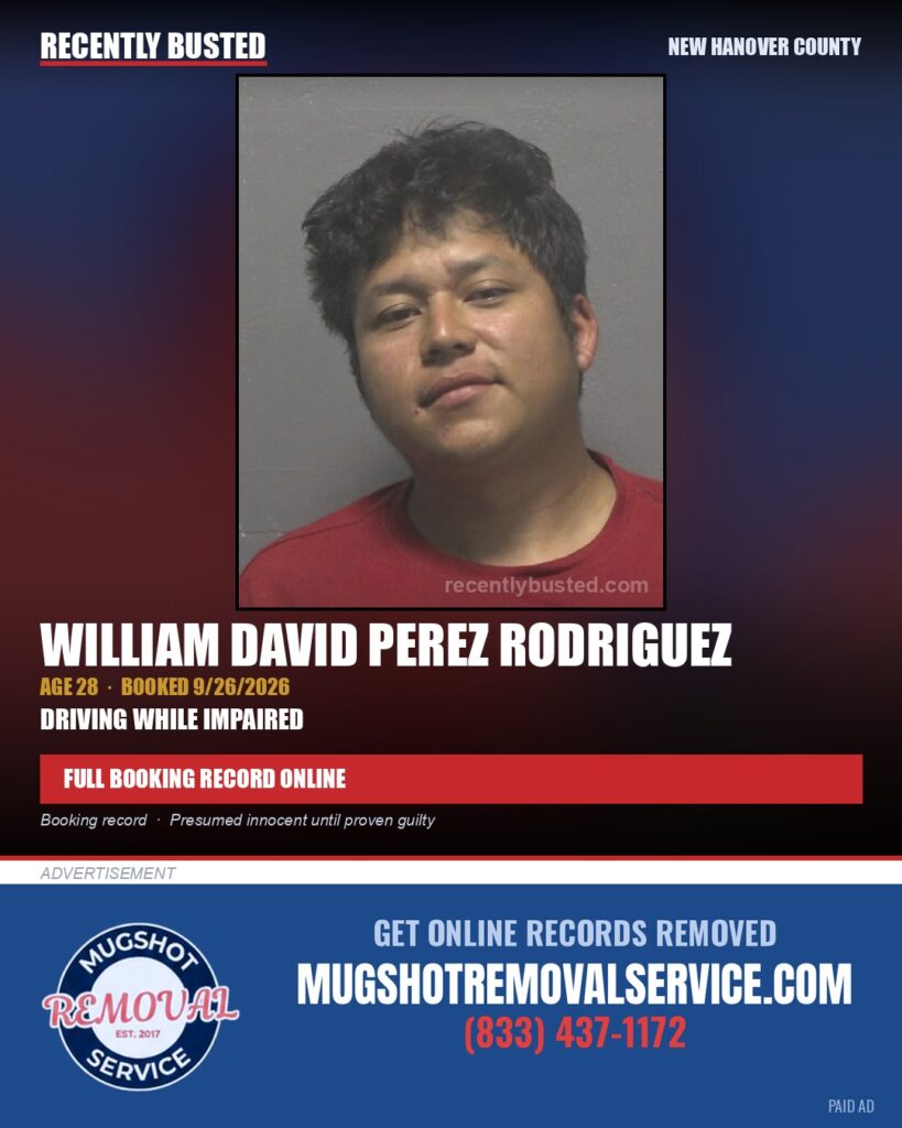 WILLIAM DAVID PEREZ RODRIGUEZ — arrest record card, New Hanover