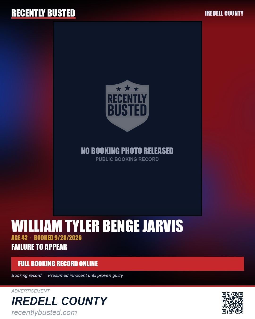 WILLIAM TYLER BENGE JARVIS — arrest record card, Iredell County