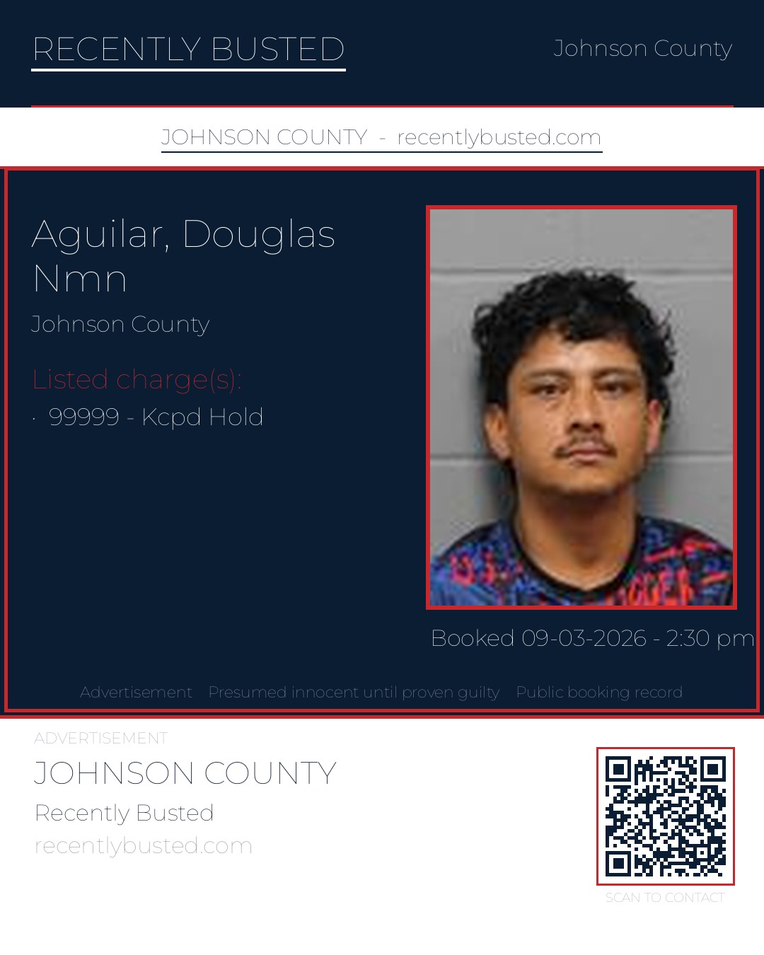 AGUILAR, DOUGLAS NMN — arrest record card, Johnson County, Missouri