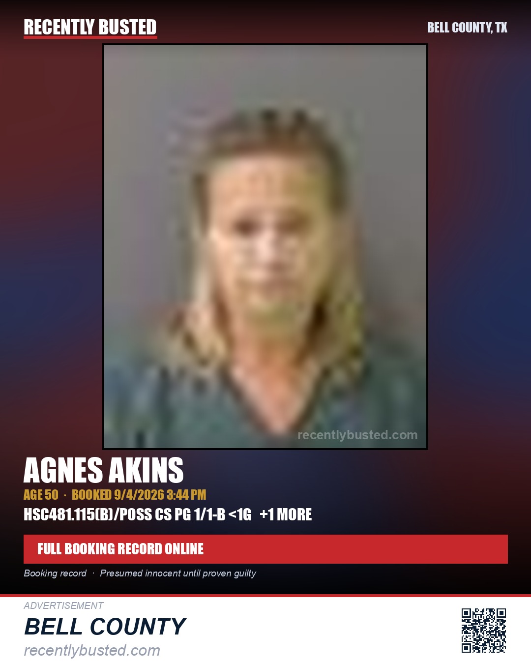 AKINS, AGNES — arrest record card, Bell County, Texas