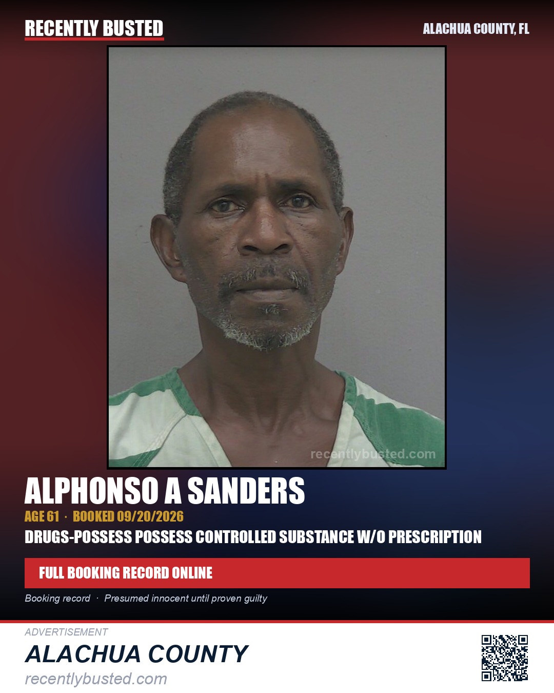 Alphonso A Sanders — arrest record card, Alachua County, Florida