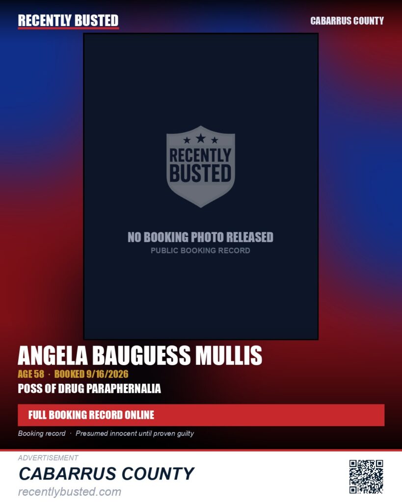 ANGELA BAUGUESS MULLIS — arrest record card, Cabarrus