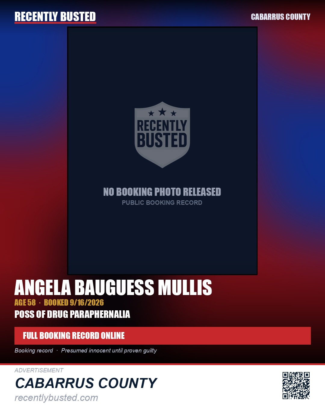 ANGELA BAUGUESS MULLIS — arrest record card, Cabarrus County