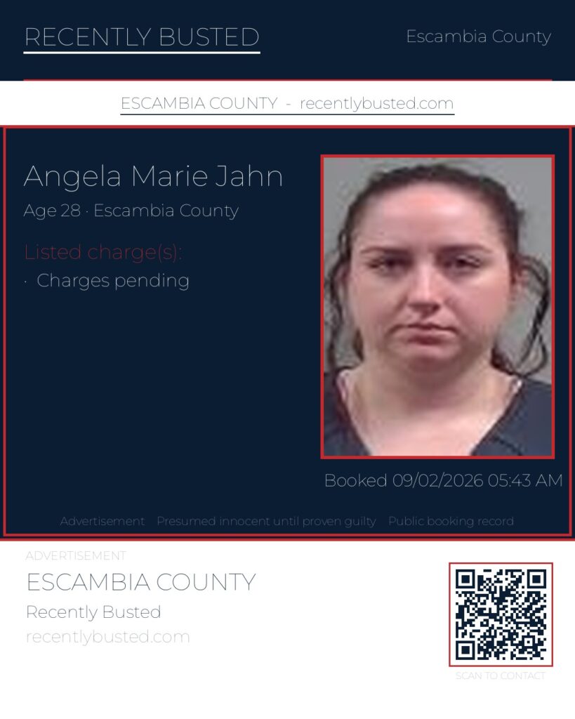 Angela Marie Jahn — arrest record card, Escambia County, Florida