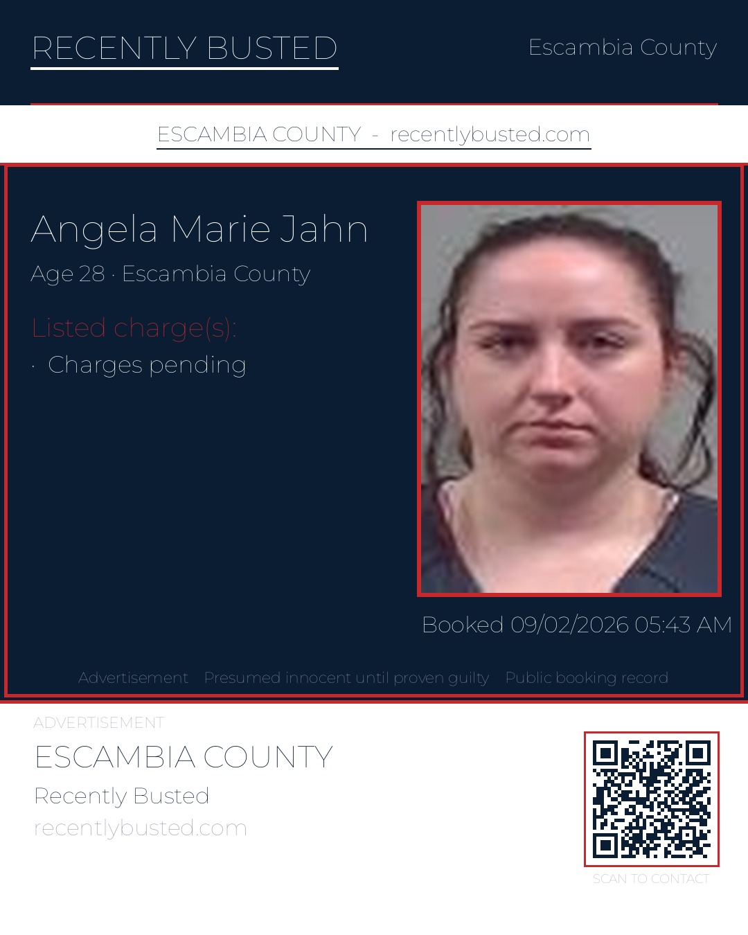 Angela Marie Jahn — arrest record card, Escambia County, Florida