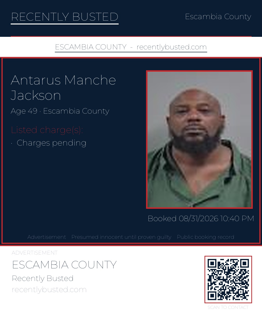 Antarus Manche Jackson — arrest record card, Escambia County, Florida