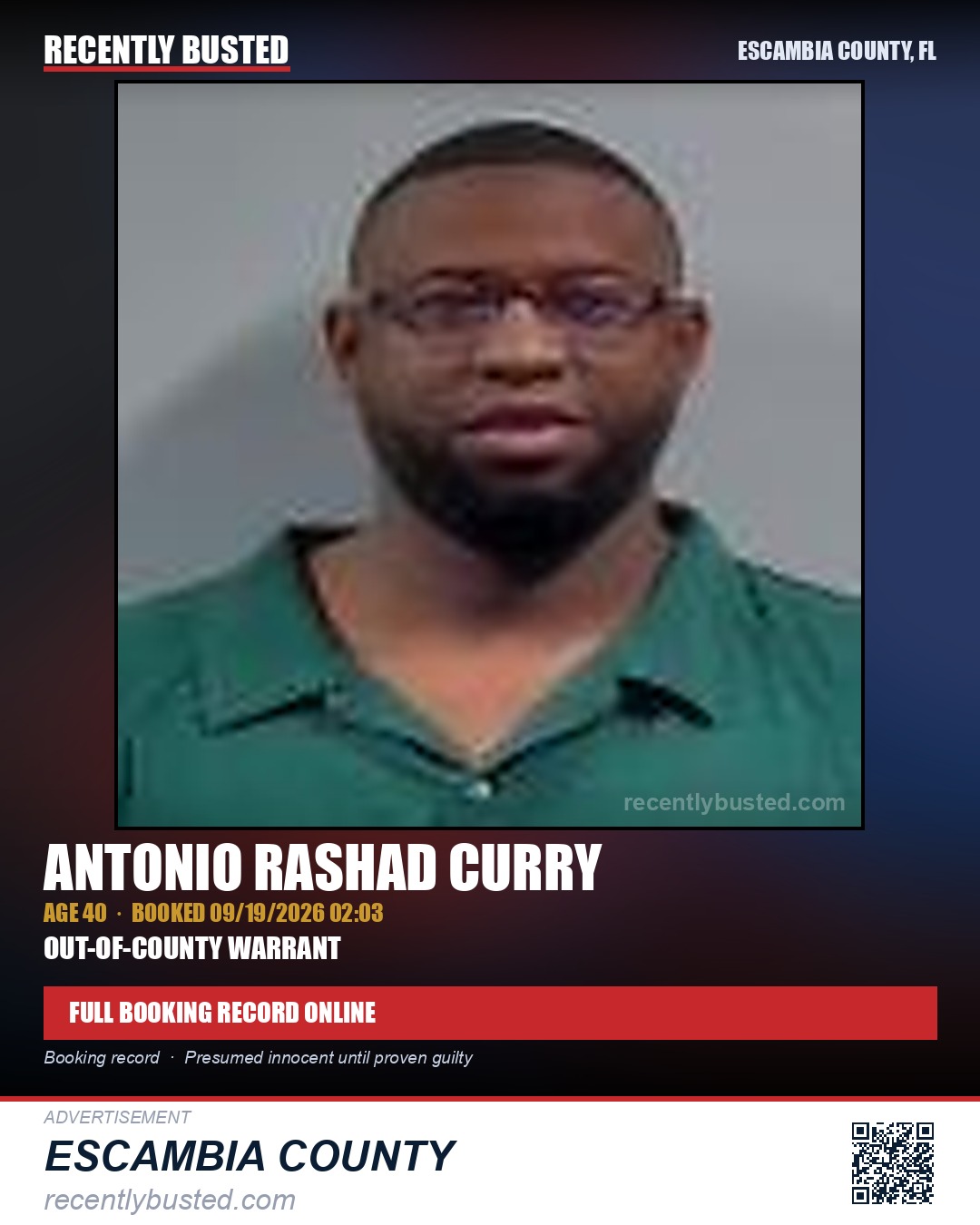 Antonio Rashad Curry — arrest record card, Escambia County, Florida