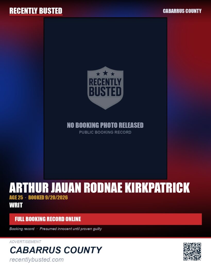 ARTHUR JAUAN RODNAE KIRKPATRICK — arrest record card, Cabarrus County